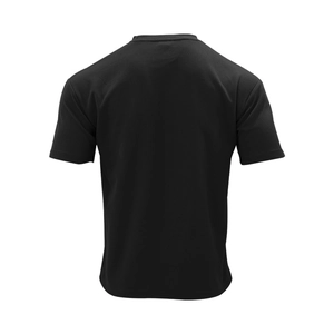 Rear view of men's black short sleeve t-shirt featuring textured waffle knit fabric