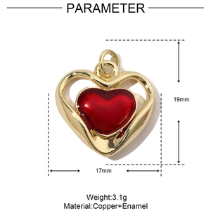Detailed view of red enamel heart pendant with 19mm height and 17mm width specifications