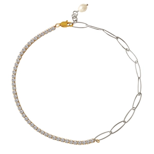 Splice chain necklace with freshwater pearl pendant and sparkling zircon inlay