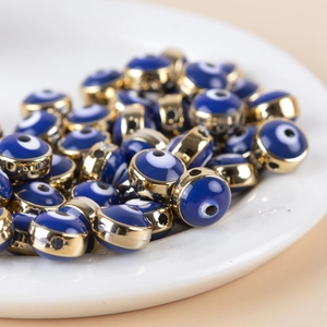Flat round blue evil eye resin beads with 8mm gold rim for jewelry making accessories