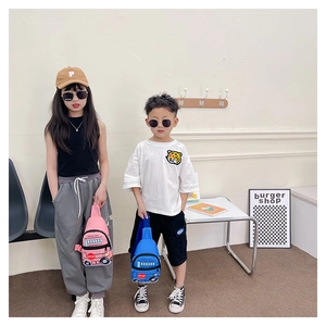 Kids school bus chest bag with pink and blue cartoon car design for outdoor use