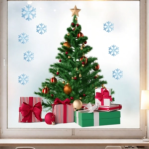 Christmas tree window static stickers set with snowflakes and gift boxes for home decor