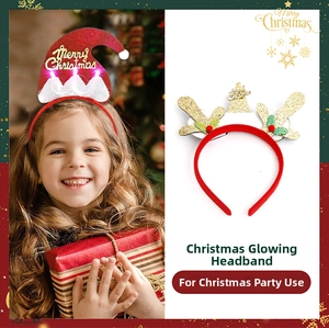 Detail of LED glowing Christmas reindeer antler and Santa hat headband for holiday parties