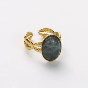 Retro 18k gold plated stainless steel ring featuring an oval grey labradorite stone