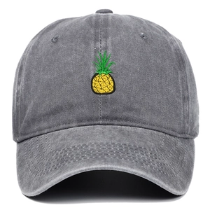 Dark grey washed cotton baseball cap with yellow pineapple embroidery on white background