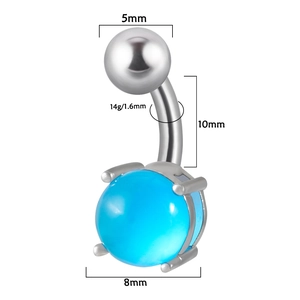14G stainless steel belly button ring with 8mm light blue stone and 10mm curved bar