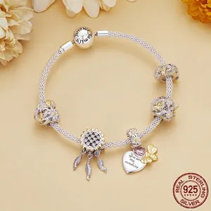 S925 Sterling Silber Gänseblümchen Biene Armband mit Sonnenblumen und Herzanhänger