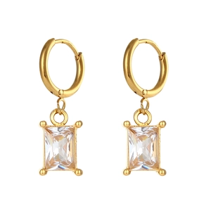 Golden drop earrings featuring rectangular clear zircons and round geometric hoops