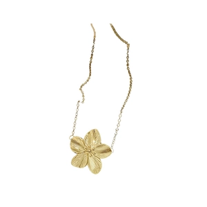 Retro golden metal flower pendant necklace with brushed texture on a sleek link chain