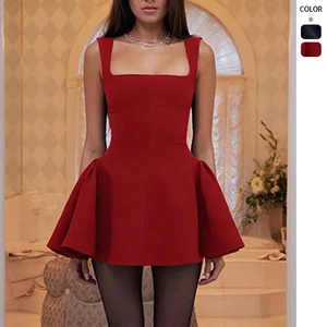 Vestito Mini Da Donna Scollo A Quadrato Senza Maniche Vestibilità Slim Vita Alta Linea A Poliestere Elegante Tinta Unita