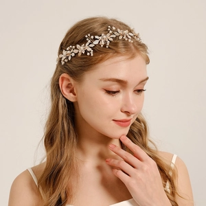 Bridal Headband Flower Leaf Alloy Rhinestone Imitation Artificial Pearl Hair Vine With Ribbon For Wedding Party Elegant Headpiece