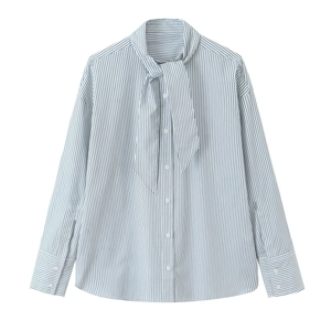 Blue and white striped pussy-bow poplin shirt with long sleeves in a flat lay display