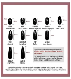 Press-on nail size guide showcasing twelve shapes and dimensions on a grid layout