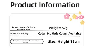 Corduroy cosmetic bag details showing 52g weight and 15cm height specifications