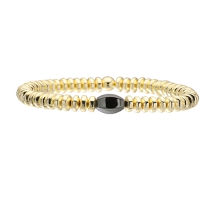 Men's gold and black hematite beaded bracelet with elastic string on white background