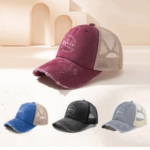 Ponytail Baseball Cap Washed Cotton Breathable Mesh Distressed Vintage Trucker Hat Outdoor Sunshade For Women Men