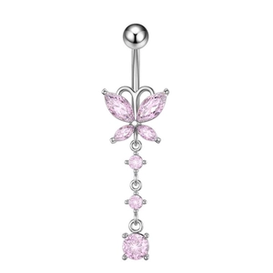 Detail of silver belly ring with pink gemstone butterfly and tiered crystal pendant
