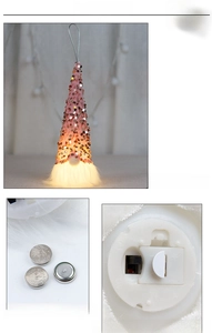 Detail view of the LED light mechanism and battery compartment for gnome Christmas ornament