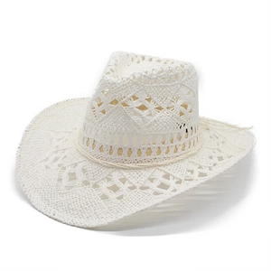 White hollow out crochet cowboy hat with wide brim and handmade woven straw texture