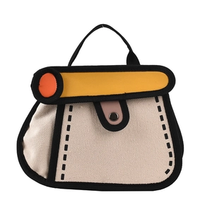 Cartoon 2D style canvas handbag in beige and yellow with artistic black outlines