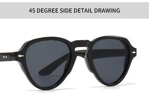 Close-up of retro black round sunglasses featuring 45-degree side view and gold rivet detail