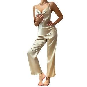 Champagne silk satin pajama set with V-neck camisole and draped trousers for women