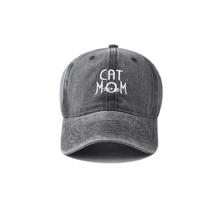 Vintage washed charcoal cotton baseball cap with Cat Mom embroidery and cat whiskers