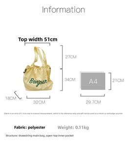 Detailed size chart of drawstring tote bag showing A4 capacity and internal pocket