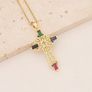 18K gold plated copper necklace featuring a cross pendant with colorful gemstones