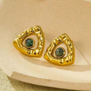 Triangle folded 18K gold plated stainless steel studs with green marble stone inlay