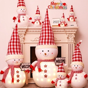 Christmas Snowman Doll LED Glowing Desktop Ornament Plush Fabric Red White Plaid Hat Star Decor Holiday Figurine