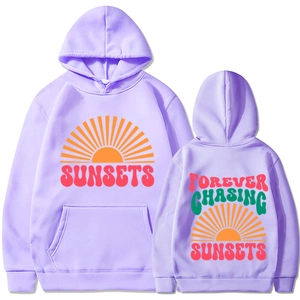 Sweat à capuche violet avec imprimé Sunsets présenté à plat de face et de dos