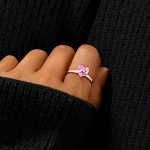 S925 sterling silver ring with large pink heart zirconia and pavé stones on hand