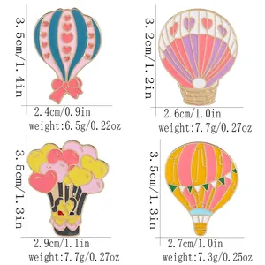 Set of four cute cartoon heart alloy brooches with detailed dimensions and weights