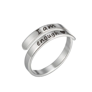 Polished silver adjustable stainless steel ring engraved with I am enough and heart