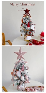 Close-up of mini Christmas trees in red-gold and pink-white themes for holiday decor