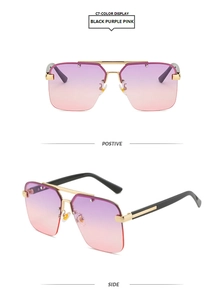 Detail view of semi-rimless metal sunglasses with black frame and purple pink gradient lenses