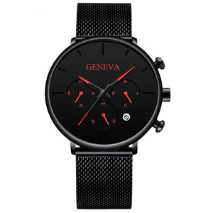 Detail of black mesh watch strap and round dial with red hands and date window