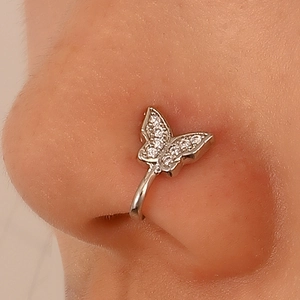 Silver butterfly non-piercing nose cuff with inlaid cubic zirconia for women and men