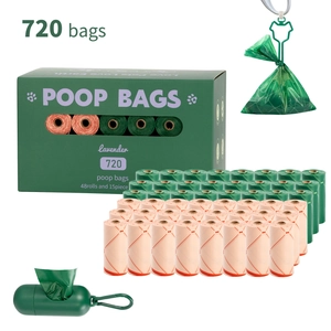 Bulk pack of 720 lavender scented biodegradable dog poop bags with green dispenser