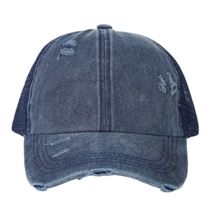 Distressed navy blue denim ponytail baseball cap with mesh back and vintage torn edges