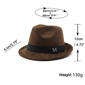 Detailed dimension chart for dark brown suede fedora showing 12cm height and 6cm brim