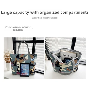 Large tote bag with butterfly camouflage print showing interior capacity and iPad size comparison