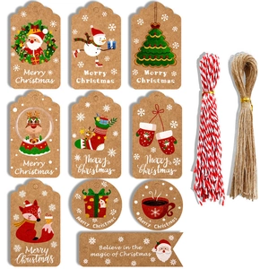 100-piece Kraft paper Christmas gift tags set with Santa motifs and hanging twine