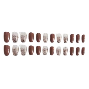 Long almond press-on nails with maroon gradient and multi-color glitter accents