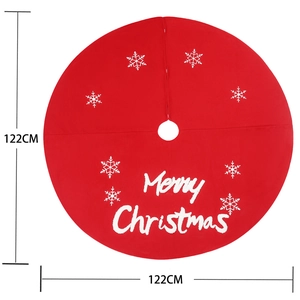 Red 122cm Christmas tree skirt with white snowflake embroidery and Merry Christmas text