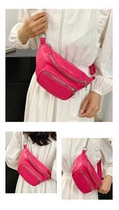 Three-way view of a rose pink PU leather crossbody waist bag with silver metal chain strap