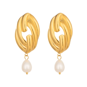 Elegant 18K gold plated stainless steel earrings with white teardrop freshwater pearls