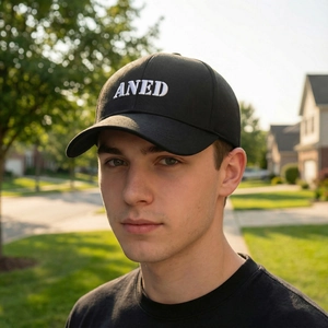 Classic black baseball cap with ANED embroidery worn by male model in sunny outdoor setting