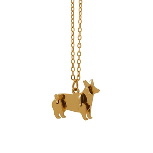 Close-up of a gold-plated titanium steel Corgi puppy pendant on a dainty link chain